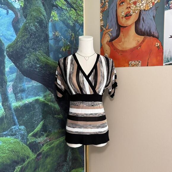 retro striped stretchy surplice v neck blouse neutral y2k top - Picture 7 of 7